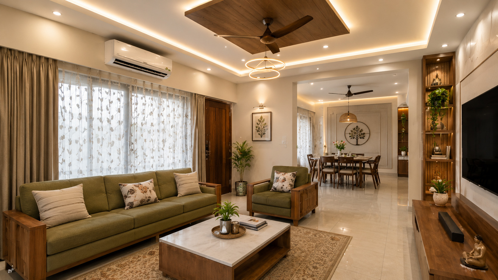 A stylish living room showcasing a split AC installed on a pelmet for a clean, concealed, and modern appearance.