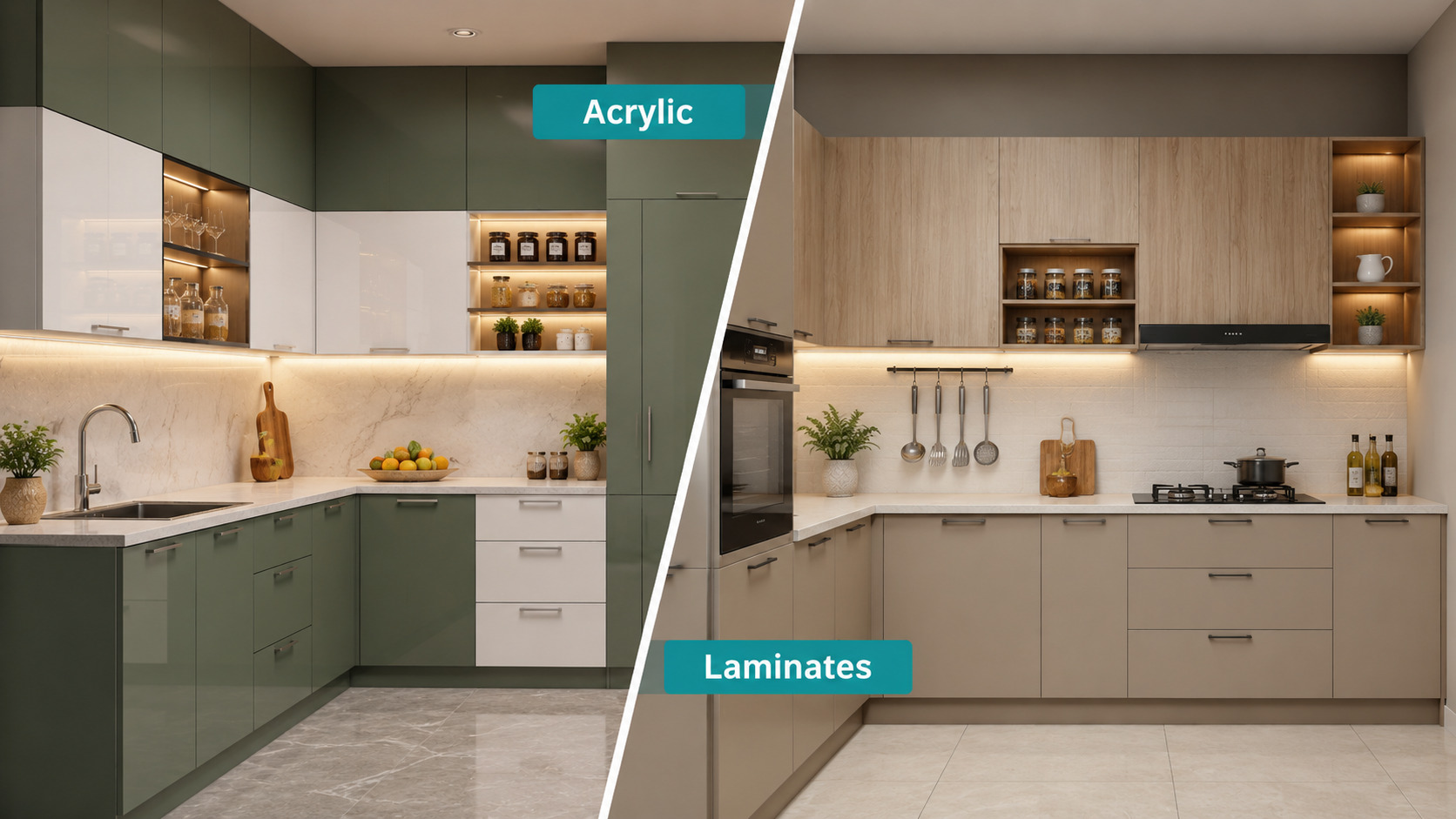 Acrylic vs laminate kitchen cabinets comparison featuring glossy acrylic cabinets and matte laminate cabinets in modern modular kitchens.
