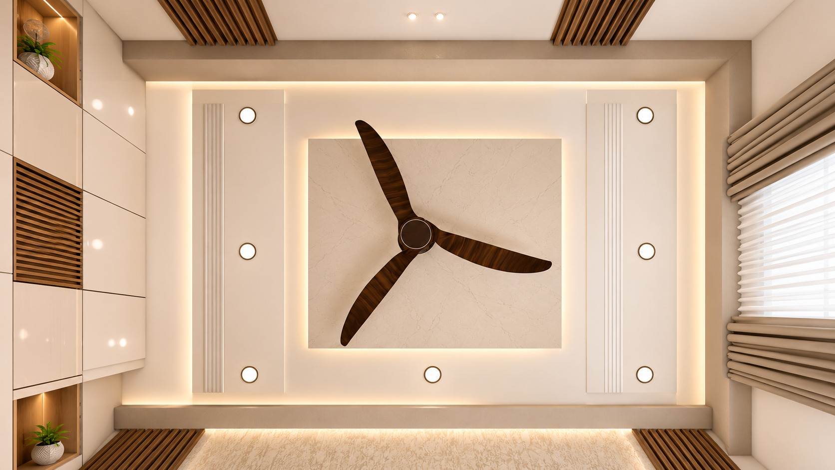Modern ceiling design with stylish false ceiling, recessed lighting, and elegant interior décor.