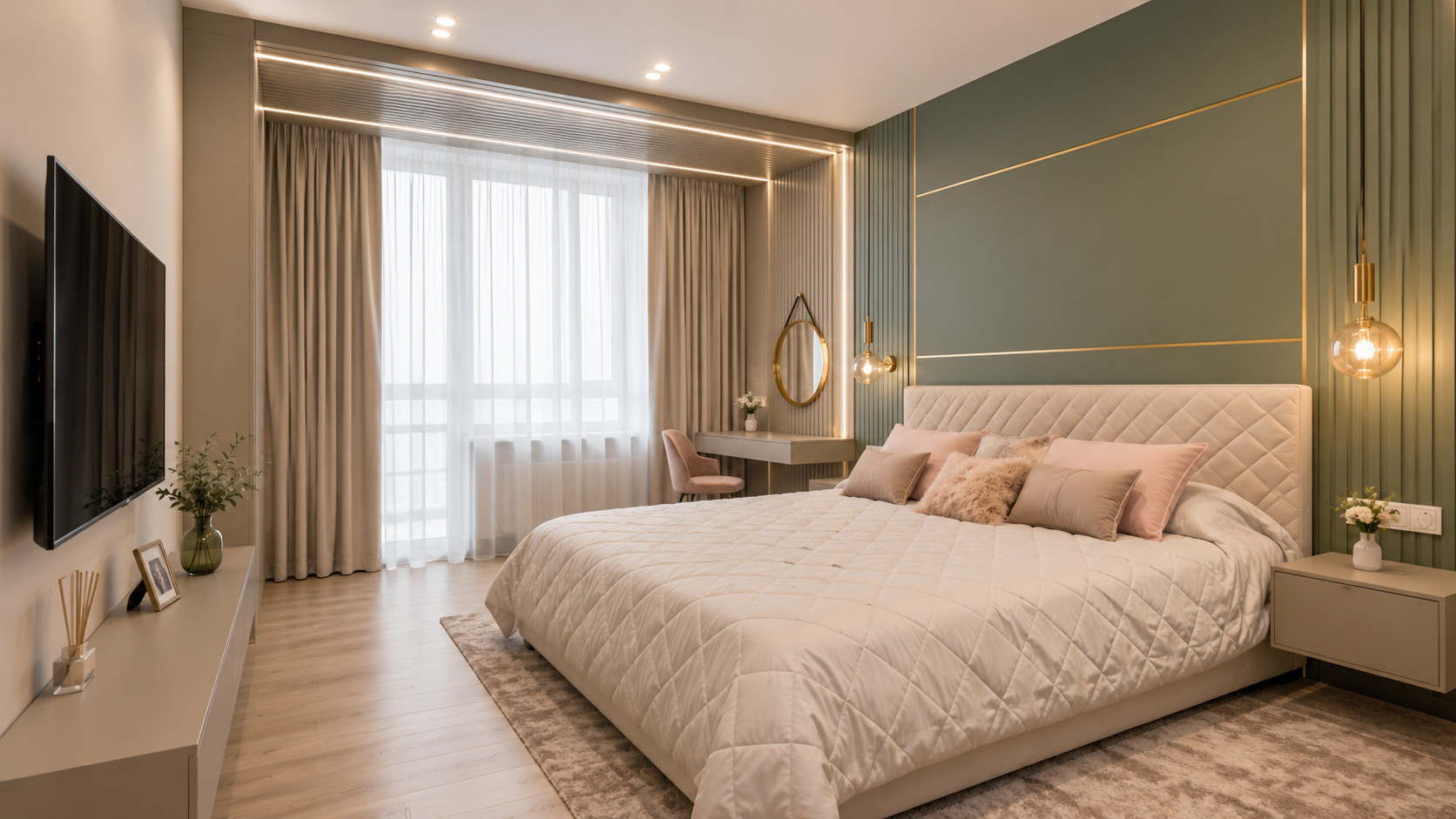 Contemporary bedroom showcasing the importance of planning electrical points before interior design for lighting, entertainment, and daily convenience.