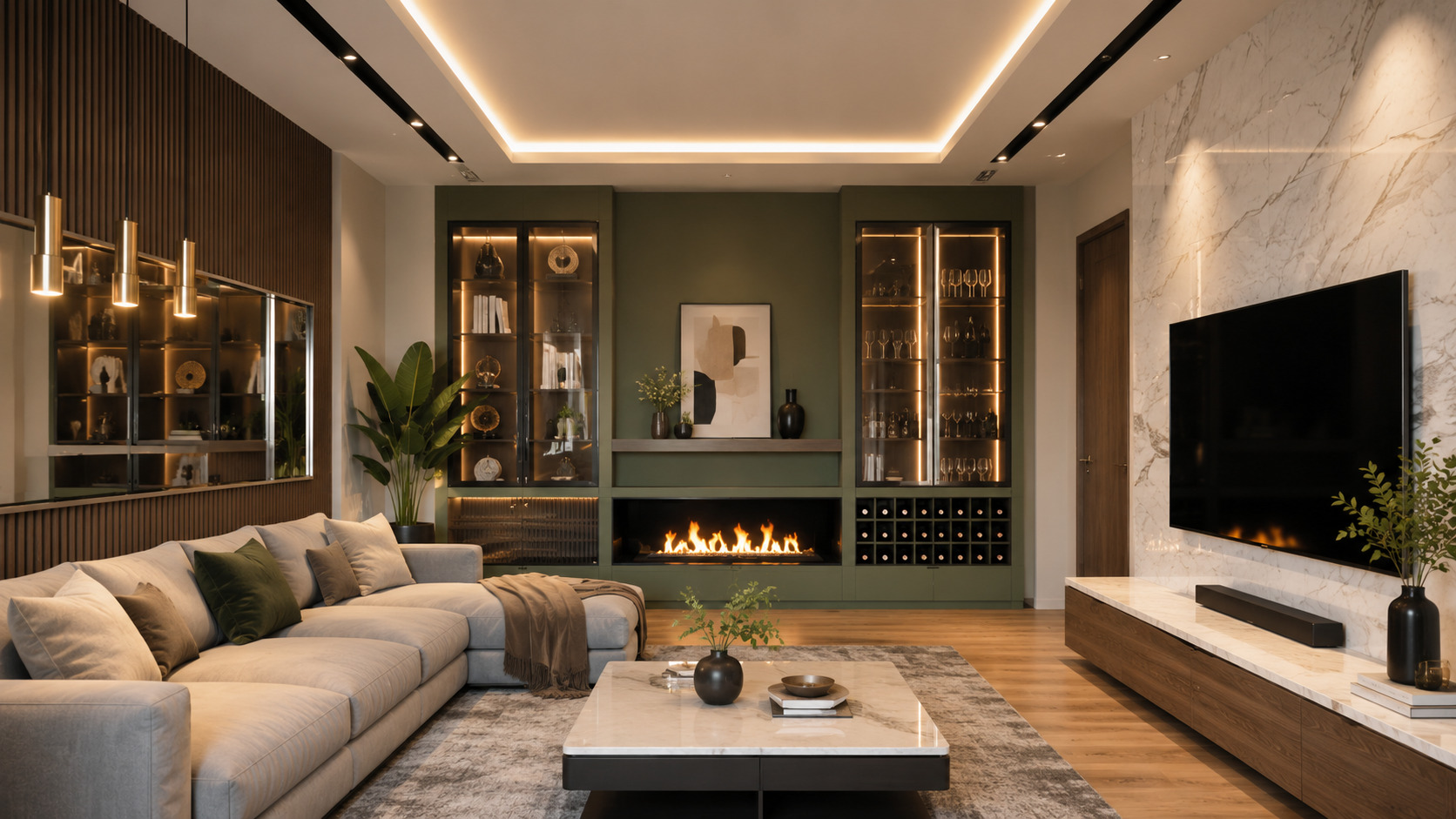 Stylish false ceiling lights with recessed spotlights, LED cove lighting, and modern ceiling design for living room interiors.