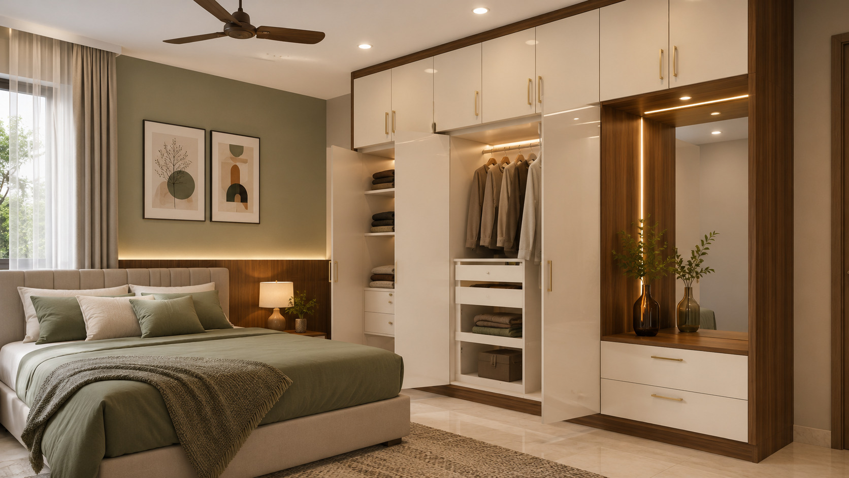 Contemporary wardrobe interior with hanging rods, pull-out drawers, open shelves, overhead cabinets, and integrated dressing table for efficient bedroom storage.