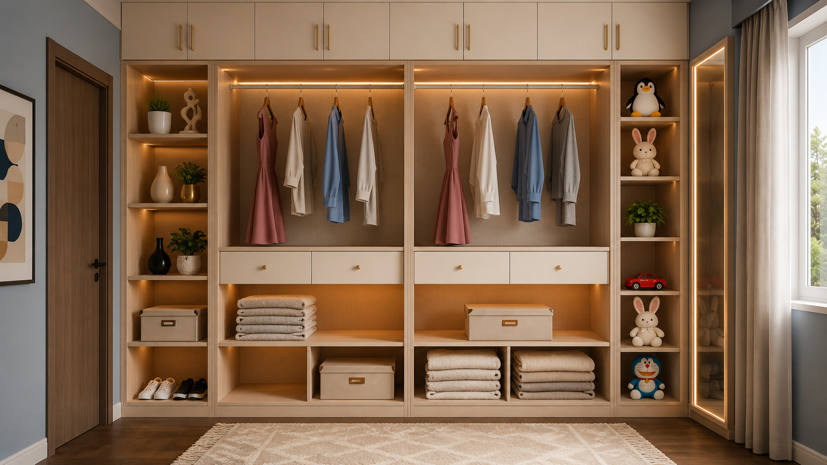 Modern wardrobe internal layout with dedicated hanging space, adjustable shelves, drawers, shoe racks, and accessory organizers.
