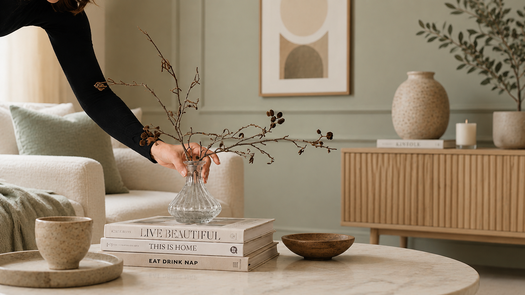 Achieve a chic modern interior by combining neutral colors, natural textures, minimalist accessories, and elegant decorative accents for a timeless living space.