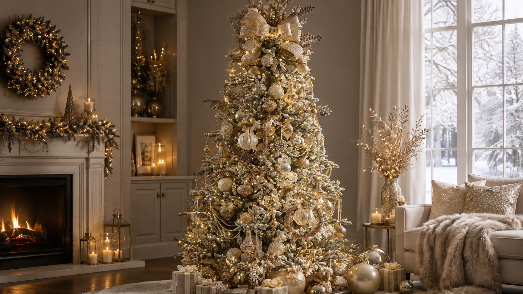 A magical Christmas living room featuring a flocked Christmas tree, sparkling ornaments, wrapped gifts, and cozy seasonal decorations.