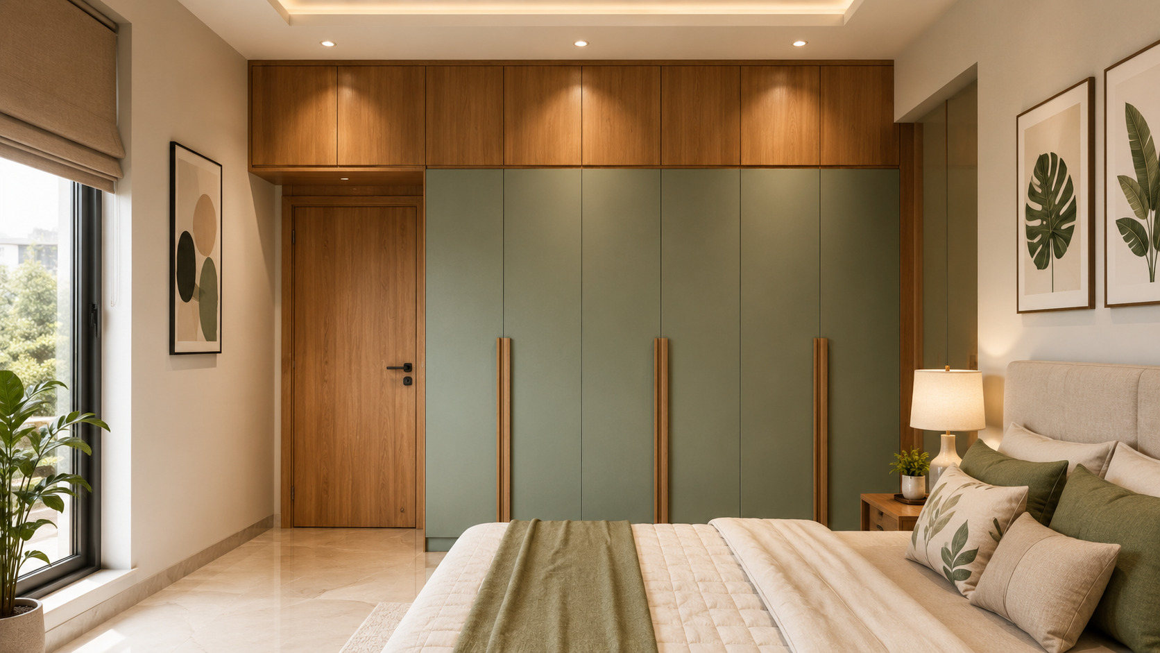 Modern wardrobe design with decorative golden strips, sleek panel finish, and luxurious contemporary bedroom interior.