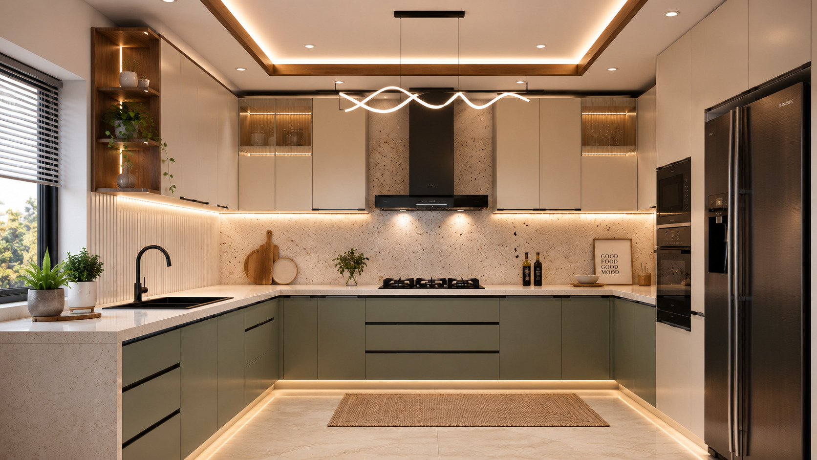 GTPT unit in a modern modular kitchen with standard dimensions, smart storage, and contemporary cabinet design.