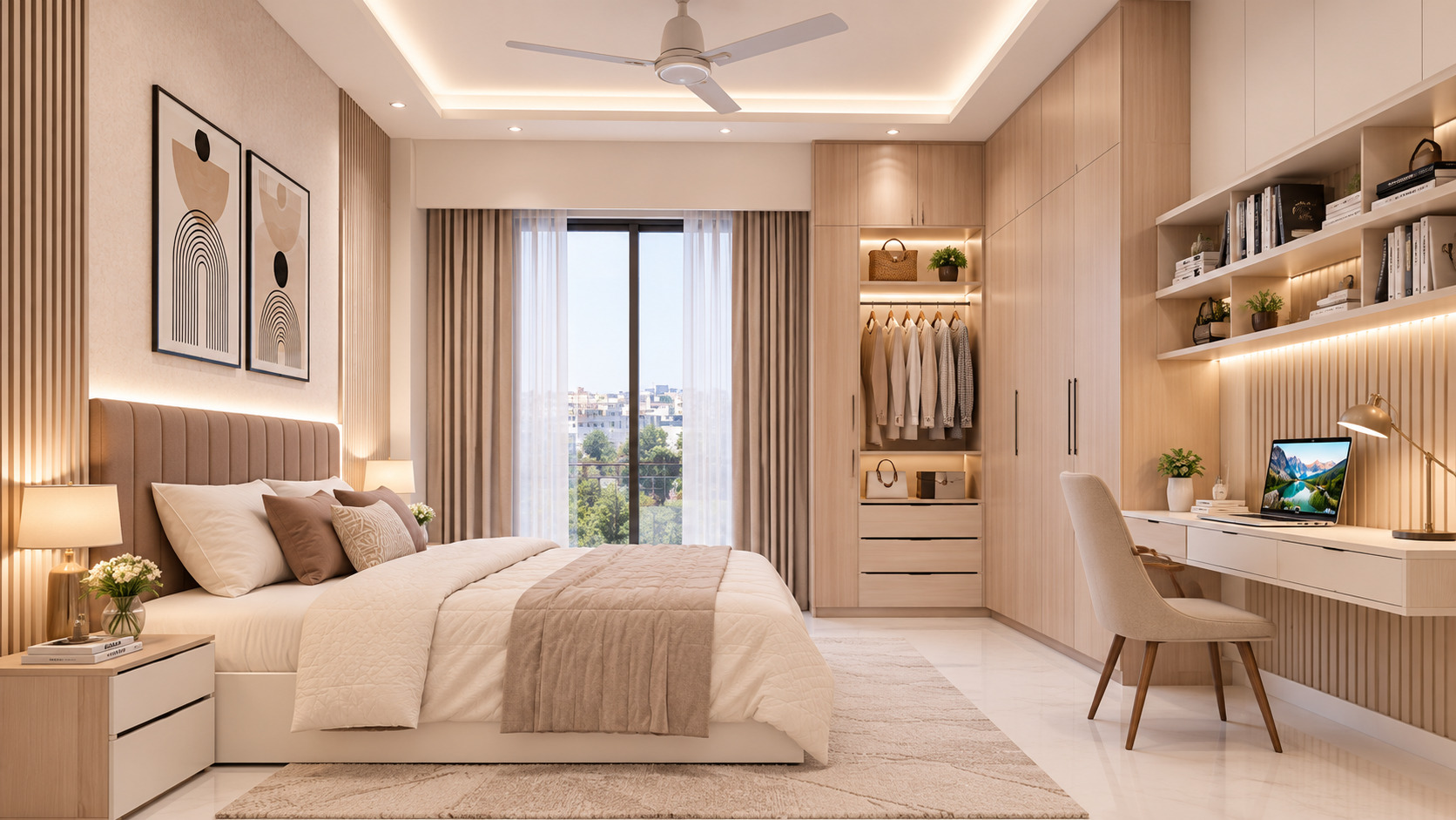 Space-saving kids' wardrobe with built-in study table for a small bedroom