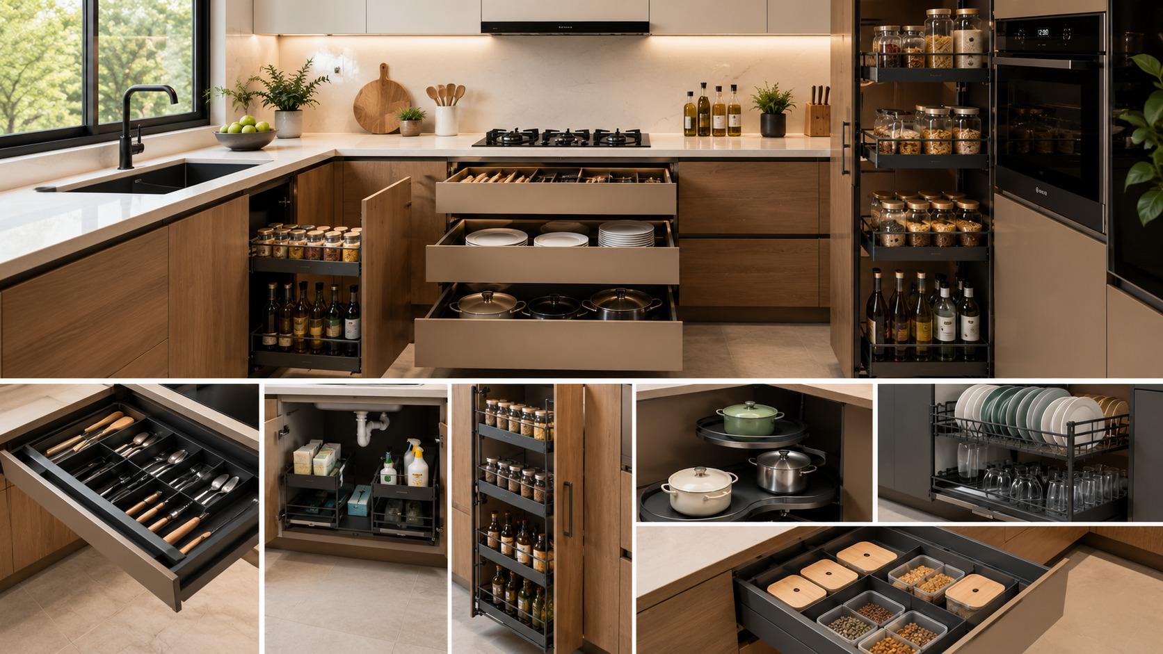 Highlights essential kitchen storage accessories that improve organization, accessibility, and space efficiency in a modular kitchen.