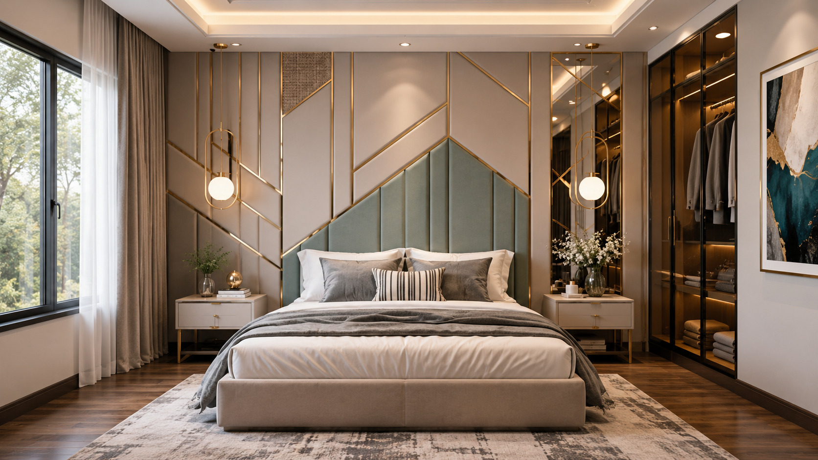 Luxury bedroom with geometric wall panel design, upholstered headboard, gold accents, pendant lights, and modern interior décor.