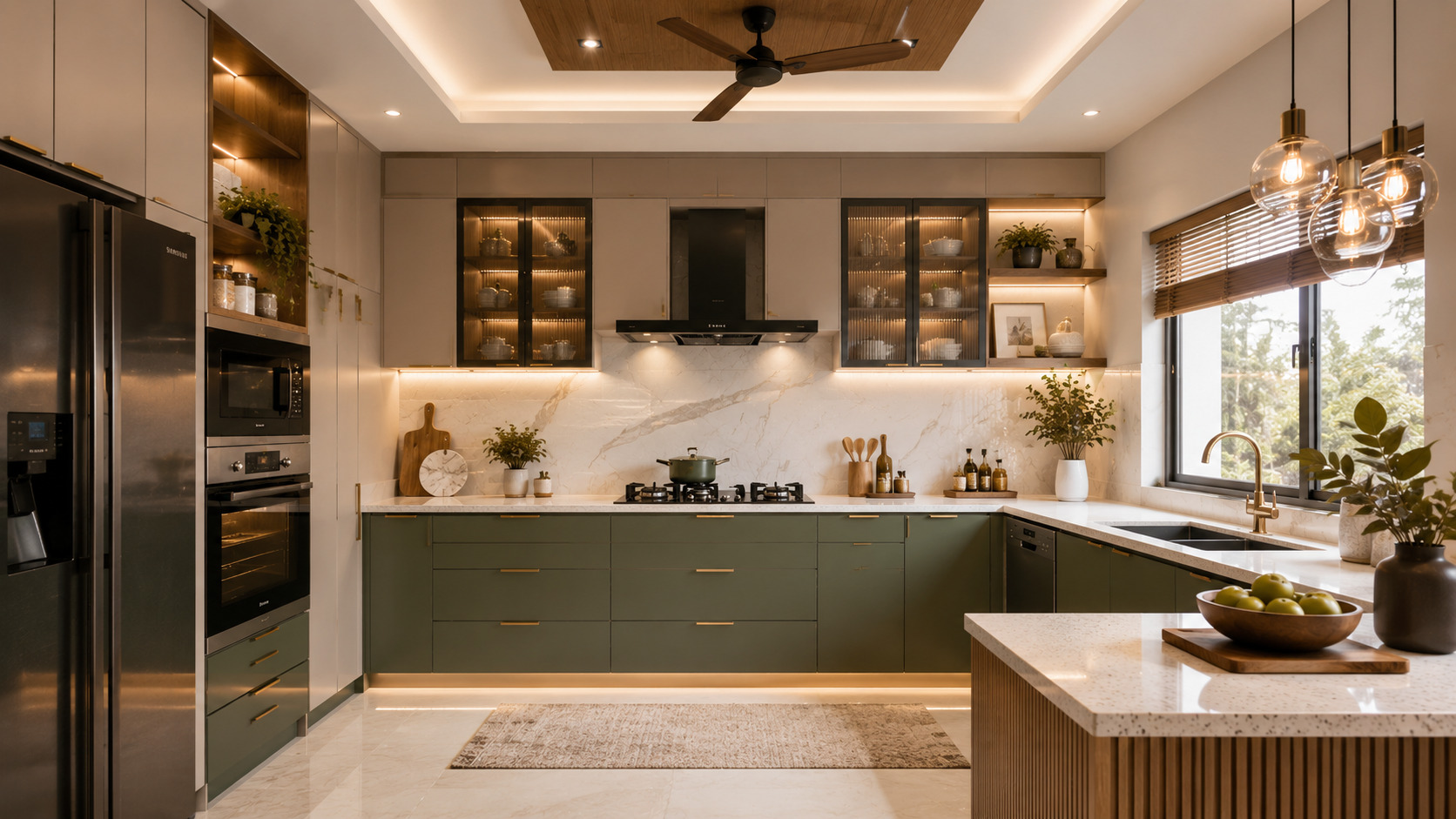 Luxury modular kitchen showcasing elegant cabinetry, ambient lighting, and smart storage solutions for modern Indian homes.