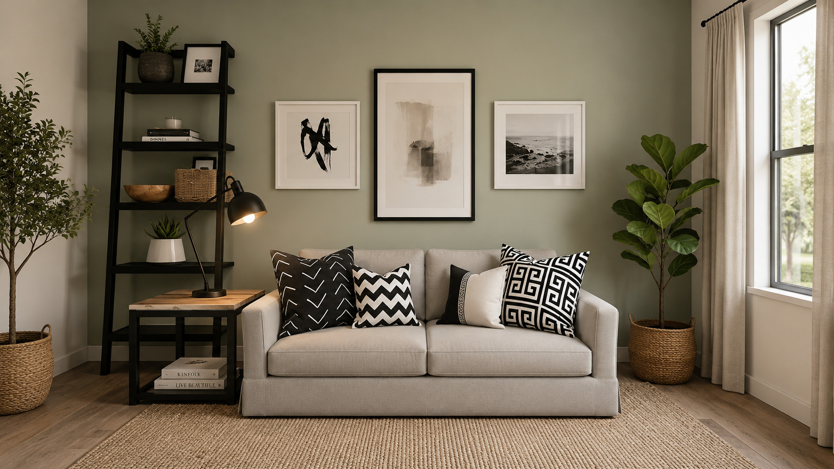 A stylish monochrome living room featuring earthy textures, neutral colors, wooden furniture, and cozy modern accents.
