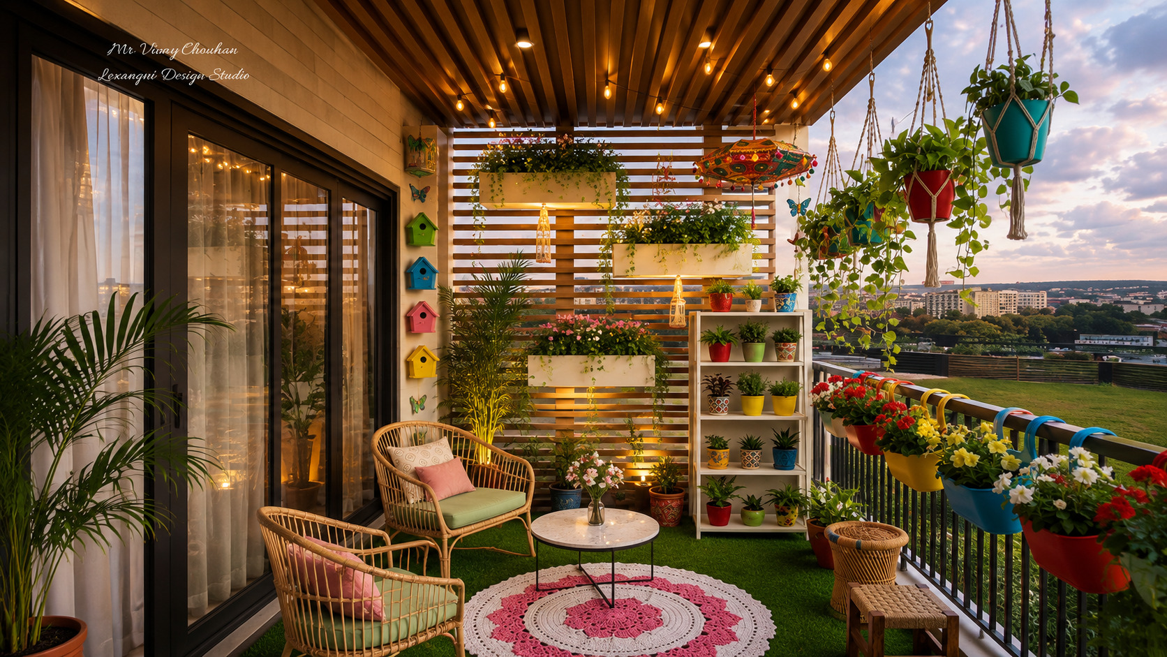 Transform your balcony into a peaceful outdoor oasis with vertical gardens, cozy rattan furniture, hanging planters, warm lighting, and vibrant floral décor.