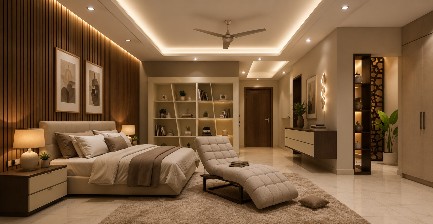 Contemporary bedroom interior featuring a profile light ceiling, upholstered bed, wooden wall panels, and elegant warm lighting.