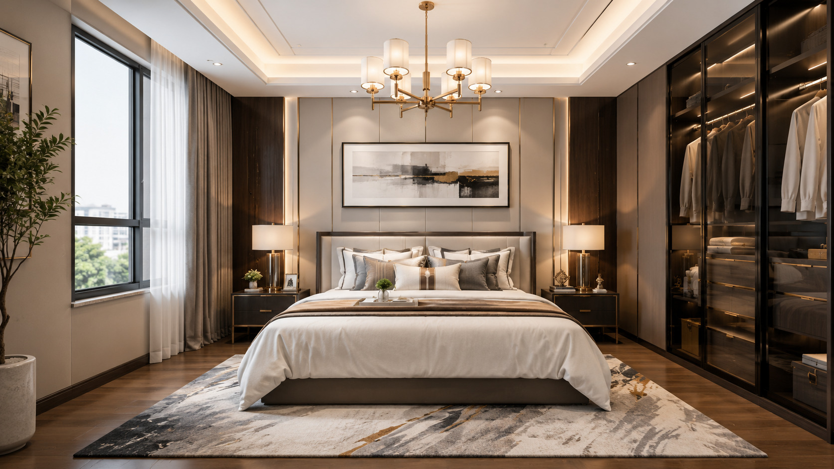 Contemporary bedroom with decorative wooden wall panel design behind the bed, creating a warm and sophisticated ambiance.
