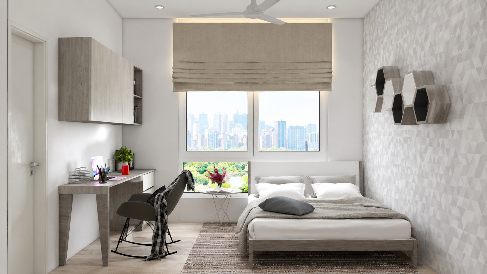 Modern bedroom window design with stylish blinds and contemporary interior