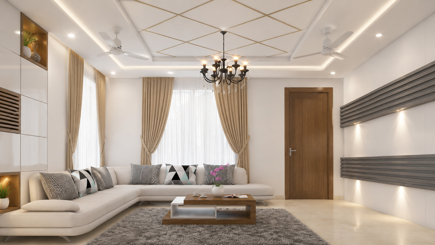 Modern false ceiling design with recessed LED lighting, elegant geometric patterns, and a contemporary living room interior.