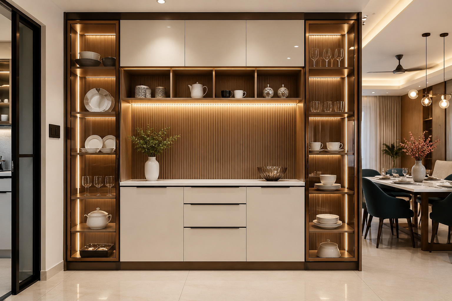 A sleek contemporary crockery unit featuring illuminated glass cabinets, fluted wood panels, and smart storage to elevate the style and functionality of any modern dining room.