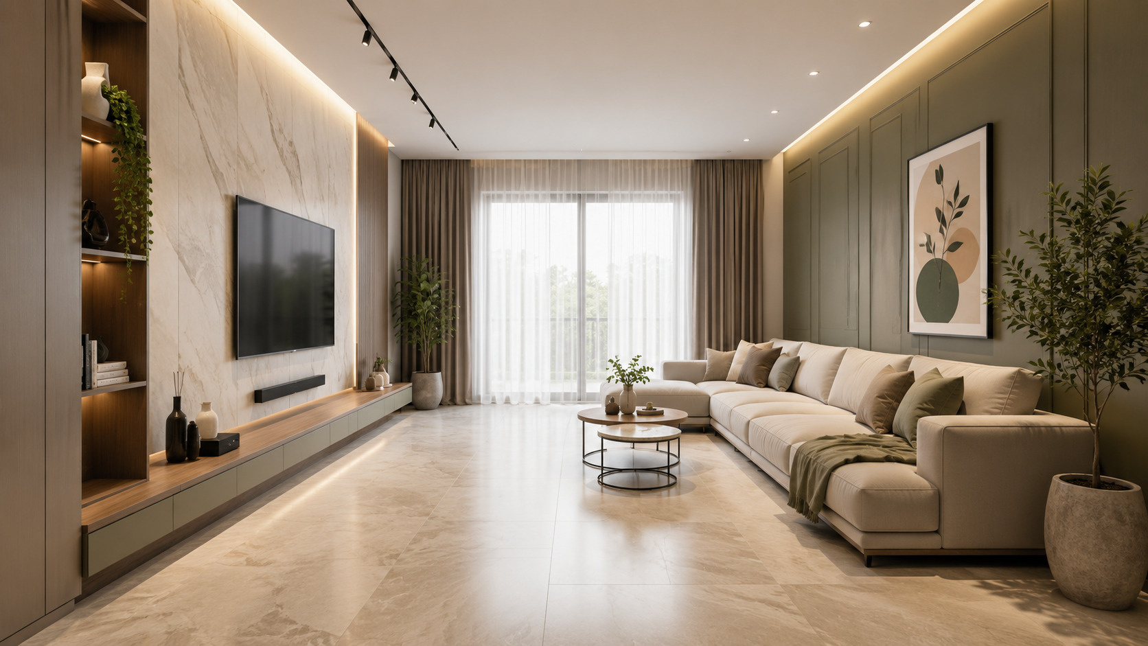 Contemporary false ceiling lighting design with LED cove lights, recessed spotlights, and a modern living room interior.