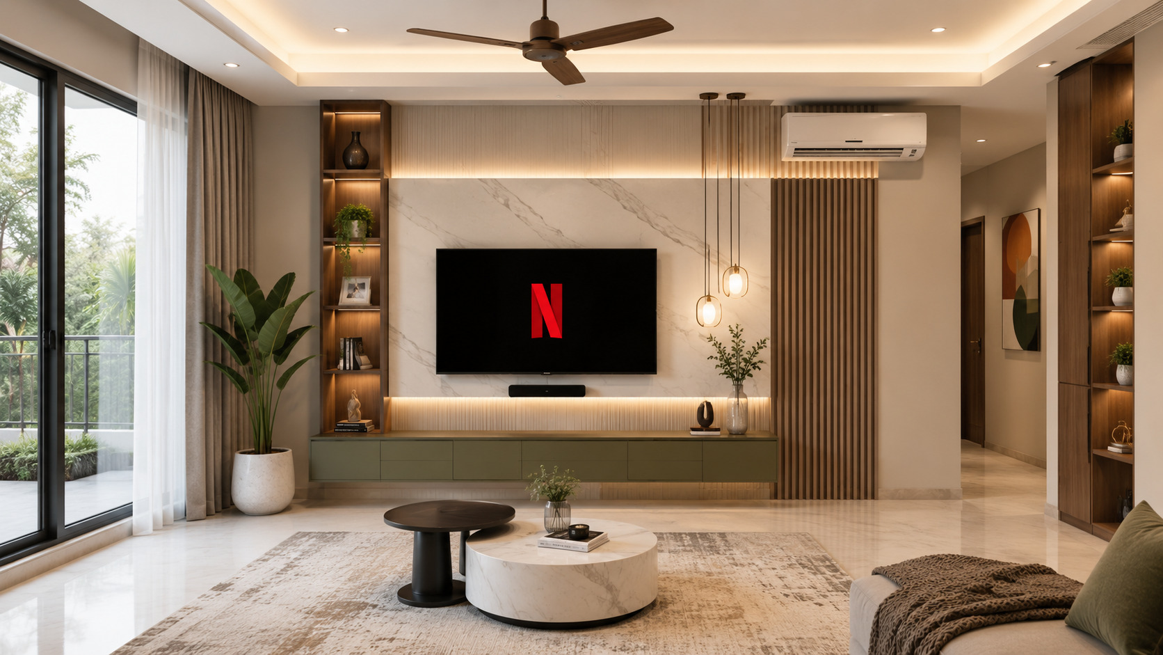 Luxury TV unit with marble feature wall, floating TV console, wooden shelves, fluted wall panels, and LED accent lighting.