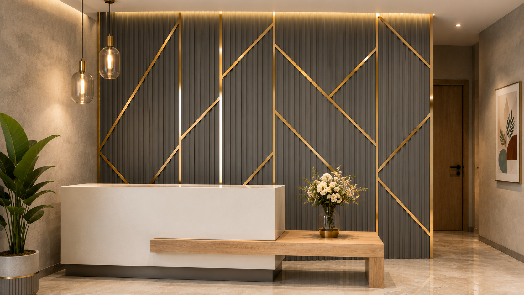 Luxury commercial reception interior showcasing fluted wall panels enhanced with decorative golden strip accents for a premium modern look.