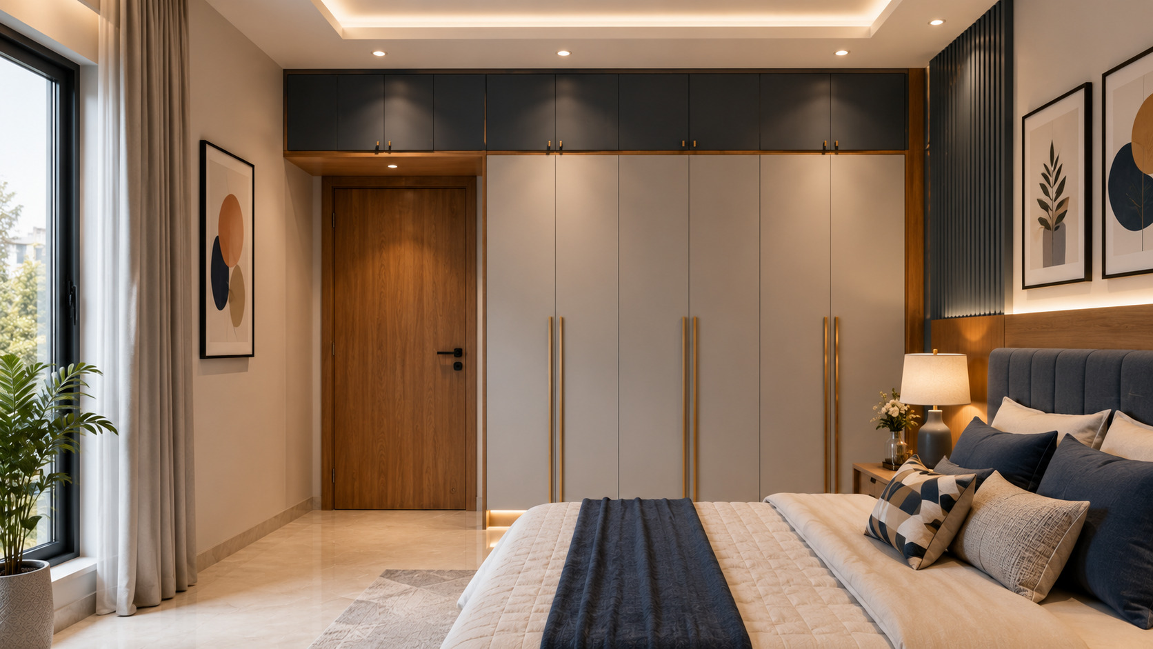 Modern bedroom with a white floor-to-ceiling wardrobe featuring long golden strip handles, loft cabinets, wooden accents, and ambient LED lighting.