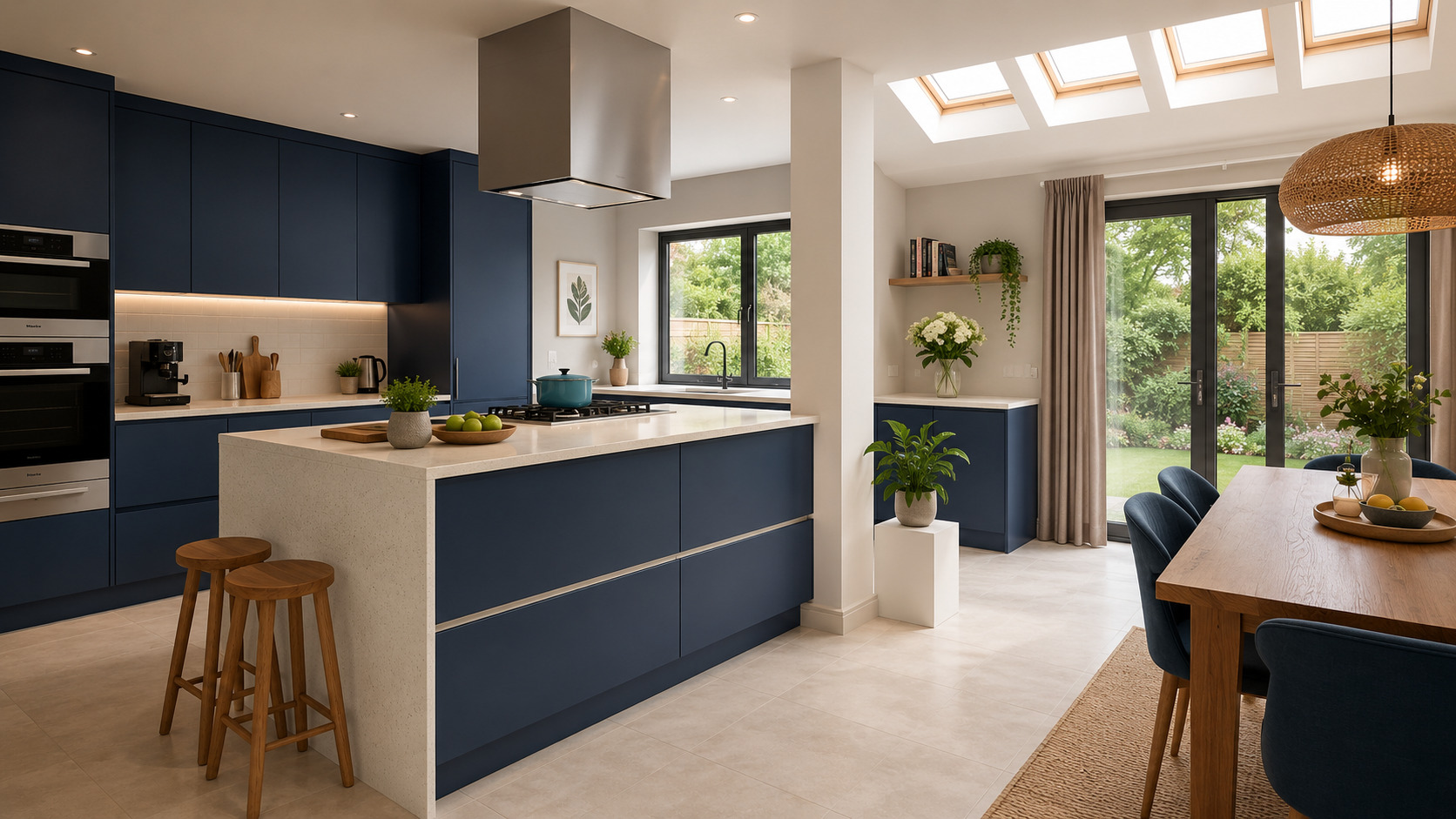 Feature image for the blog "Handleless Kitchen Guide," highlighting a spacious open-concept kitchen with integrated handleless cabinetry and contemporary design.