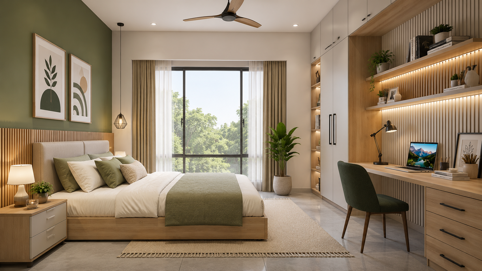 Modern kids' bedroom with wardrobe and integrated study desk
