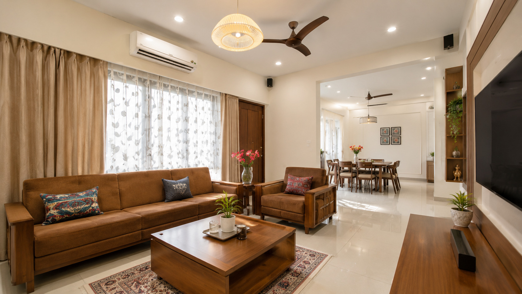 A contemporary living room featuring a split AC installed on a pelmet, blending seamlessly with wooden furniture, neutral curtains, and modern décor.