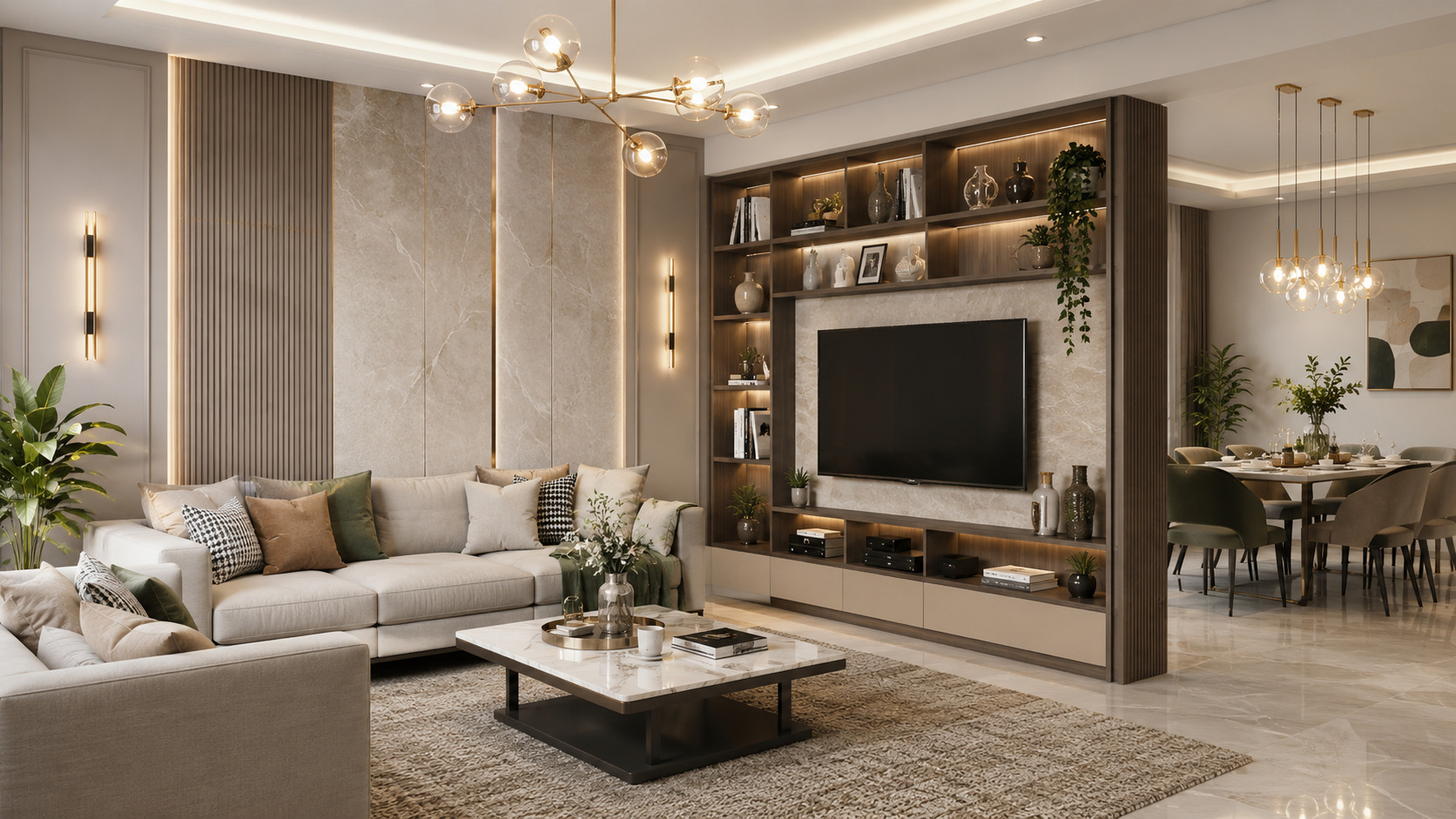 A contemporary living room featuring a functional partition that enhances privacy while maintaining an open and spacious layout.