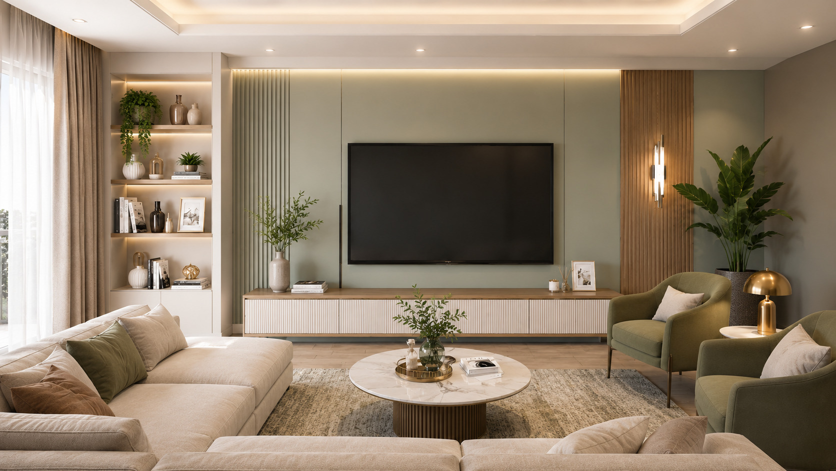A stylish modern living room featuring a sleek TV unit, muted green walls, wooden accents, and elegant contemporary décor.