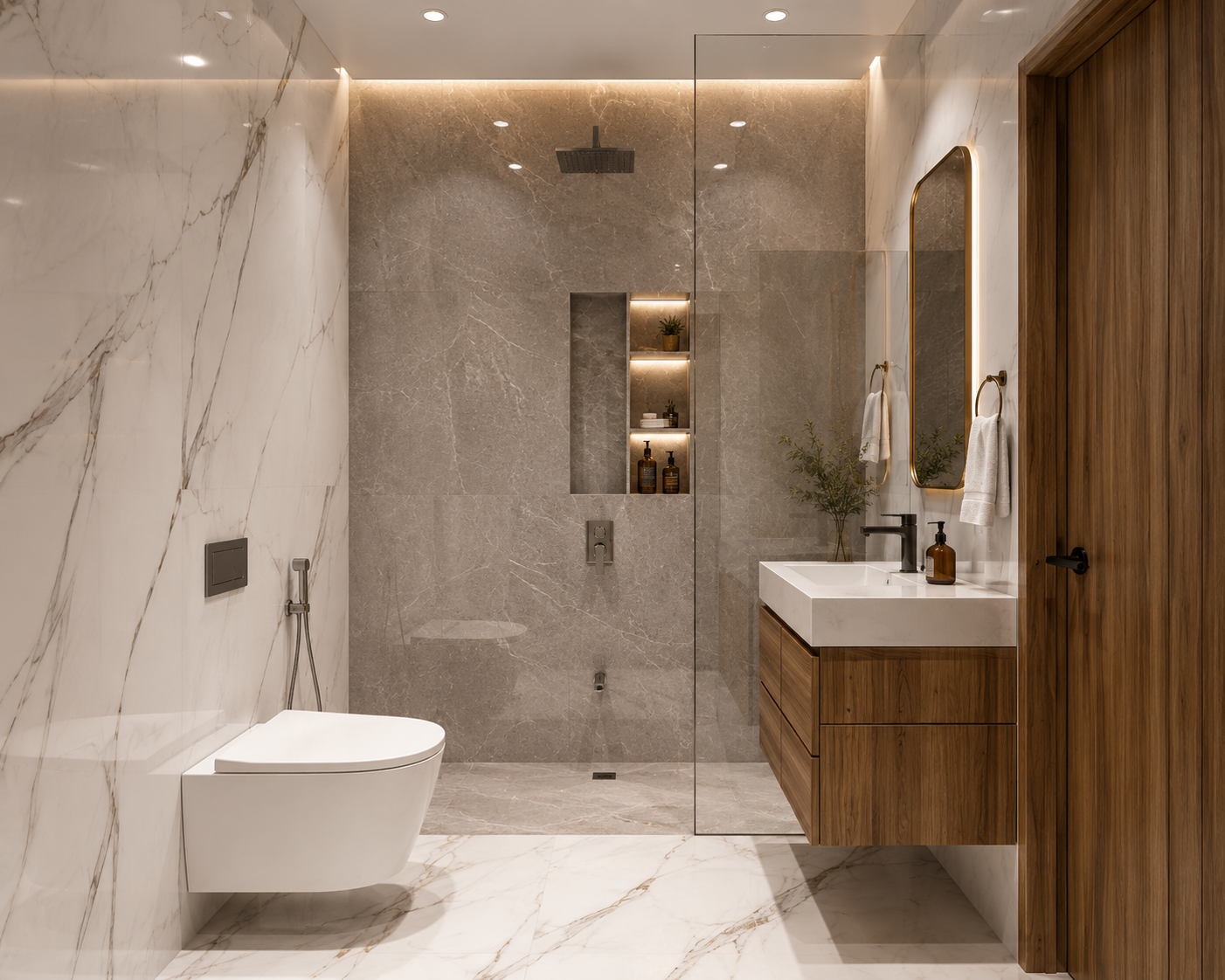 A contemporary bathroom design featuring premium marble finishes, a floating wooden vanity, a frameless glass shower enclosure, and warm ambient lighting for a sophisticated and functional space.