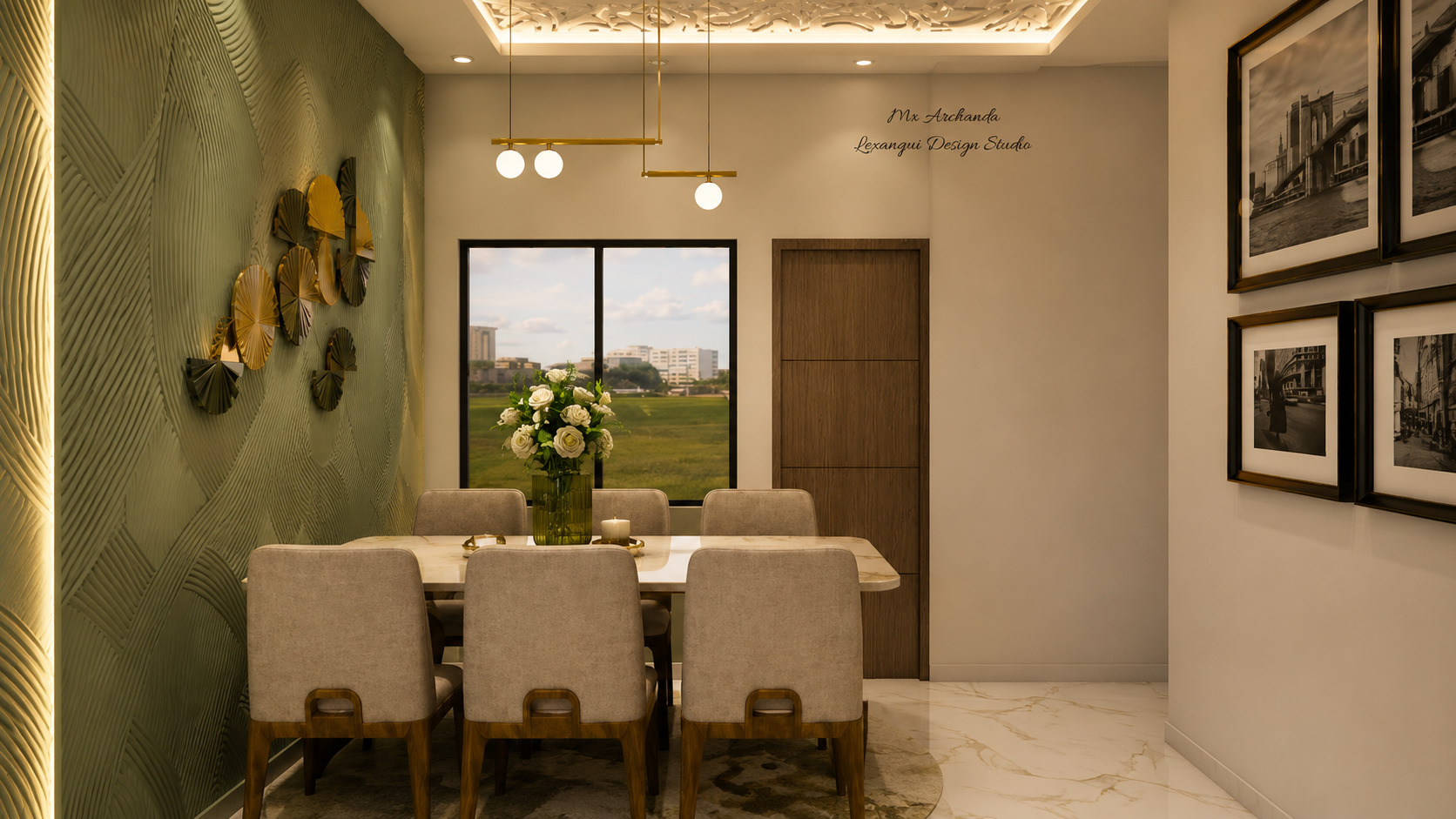 A contemporary luxury dining room featuring a sage green textured accent wall, marble-top dining table, beige upholstered chairs, warm wooden finishes, designer pendant lighting, and modern wall art, creating a sophisticated and inviting dining space.