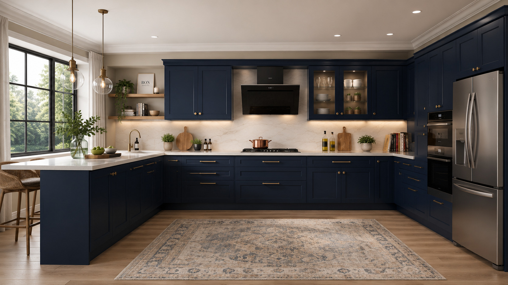 A contemporary modular kitchen featuring navy blue cabinets, premium countertops, glass display cabinets, and integrated appliances for a stylish and functional cooking space.