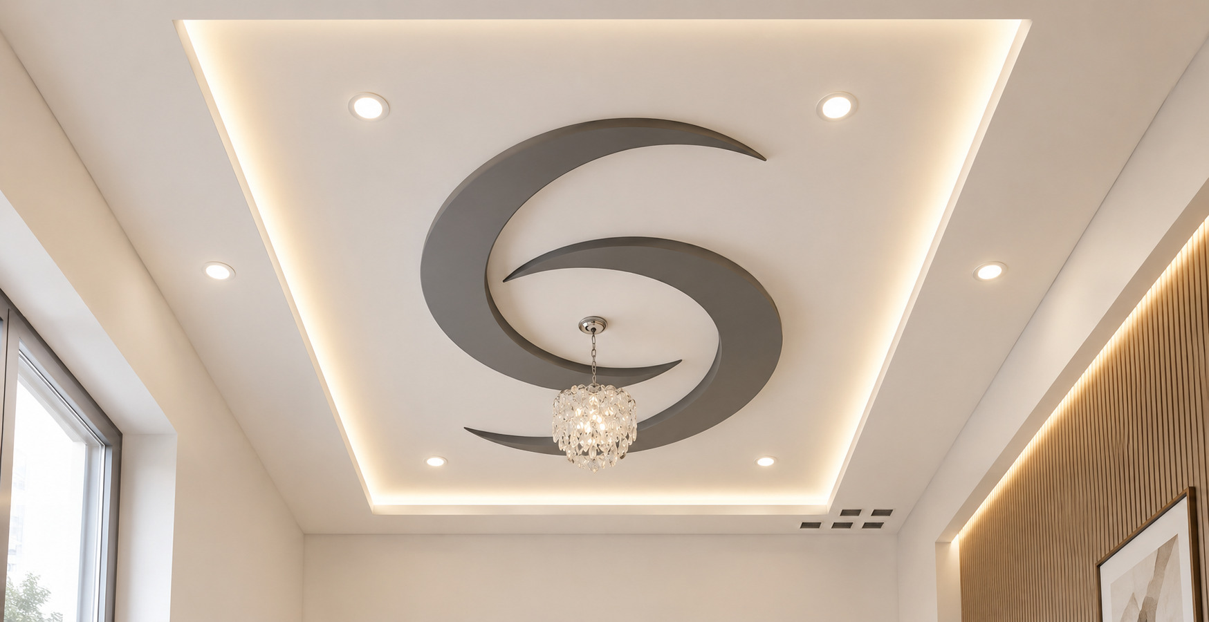 Contemporary profile light ceiling featuring a unique spiral false ceiling design with ambient LED lighting for a luxurious interior.