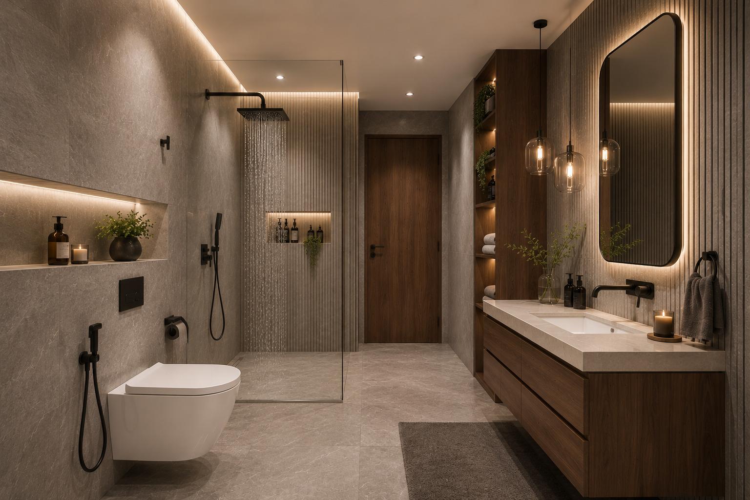 Modern shower system with rainfall showerhead in a stylish Indian bathroom