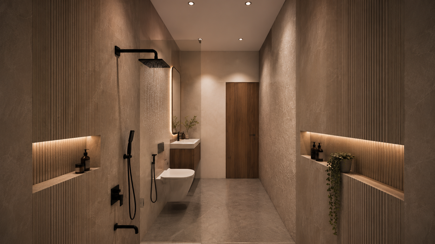 A modern bathroom featuring a premium shower system with a rainfall showerhead, handheld shower, and sleek contemporary design.
