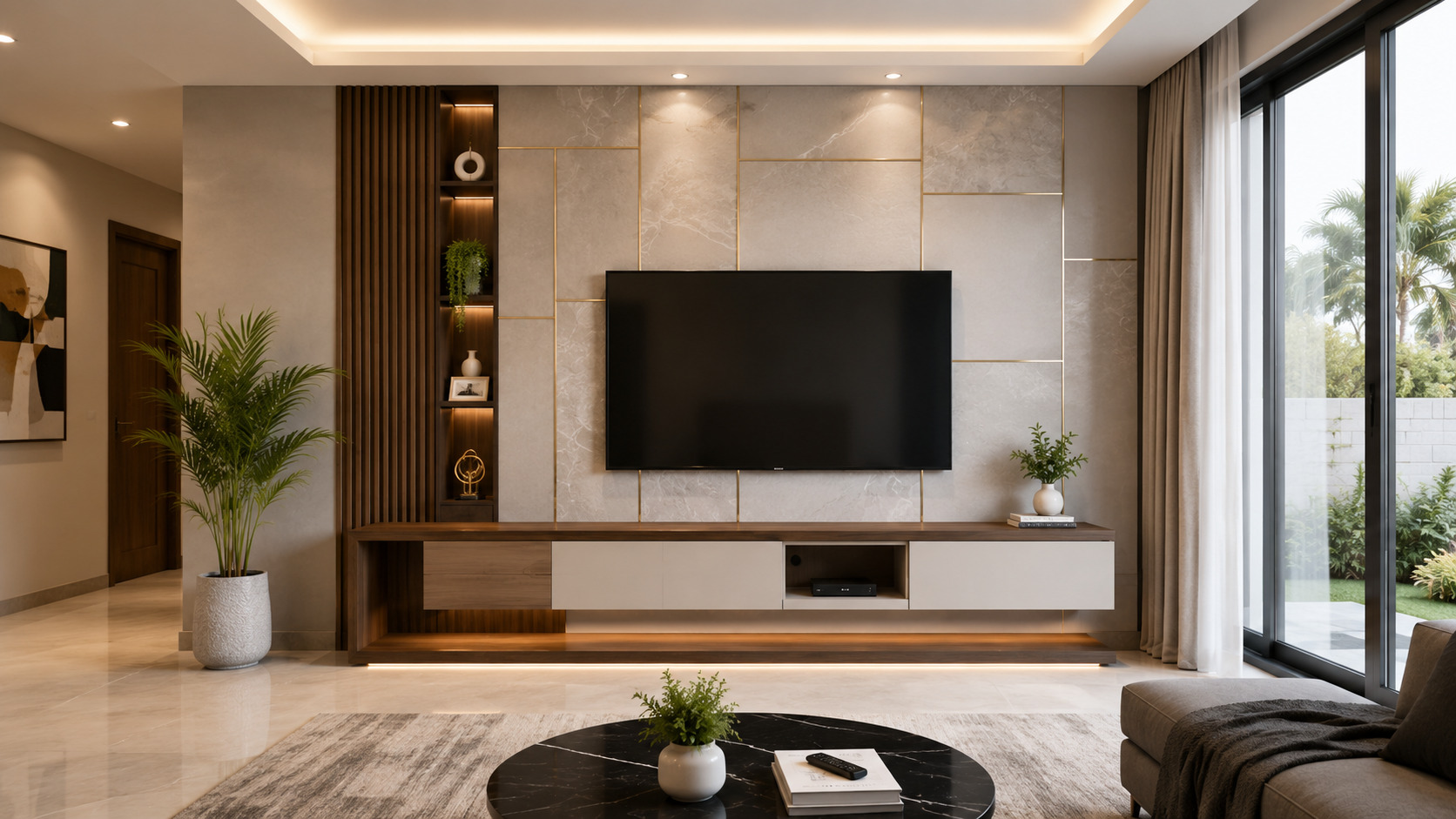 Contemporary TV unit with wooden wall panel, floating storage cabinets, display shelves, and built-in LED lighting.