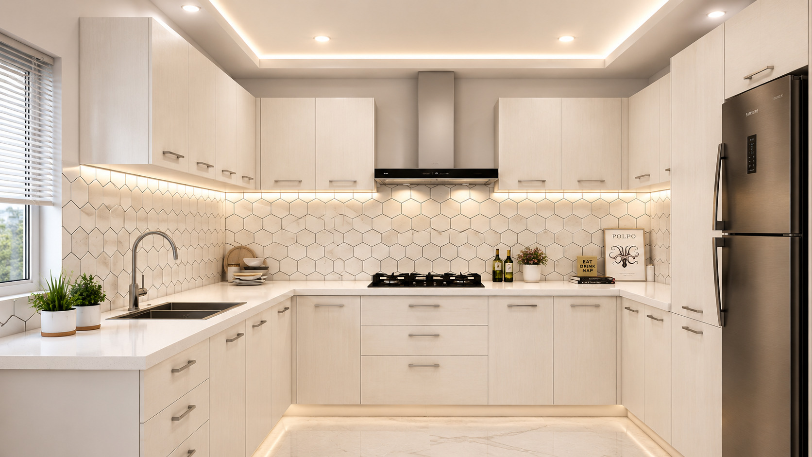 Modern U-shaped modular kitchen with GTPT unit, white cabinets, quartz countertop, hexagon backsplash, and under-cabinet LED lighting.
