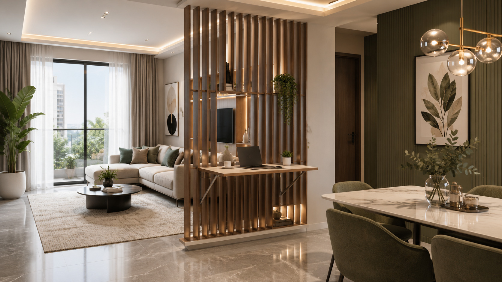 A contemporary open-plan home featuring a multifunctional wooden partition that separates the living and dining spaces while incorporating a compact work desk.
