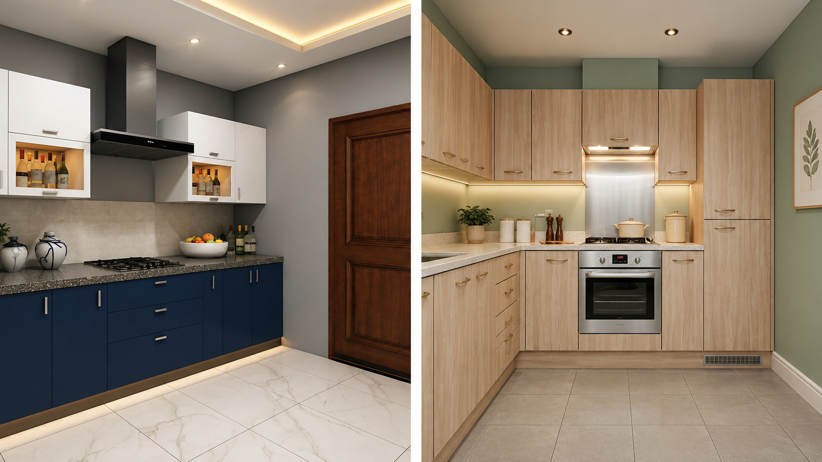 Navy blue vs wood finish modular kitchen design comparison