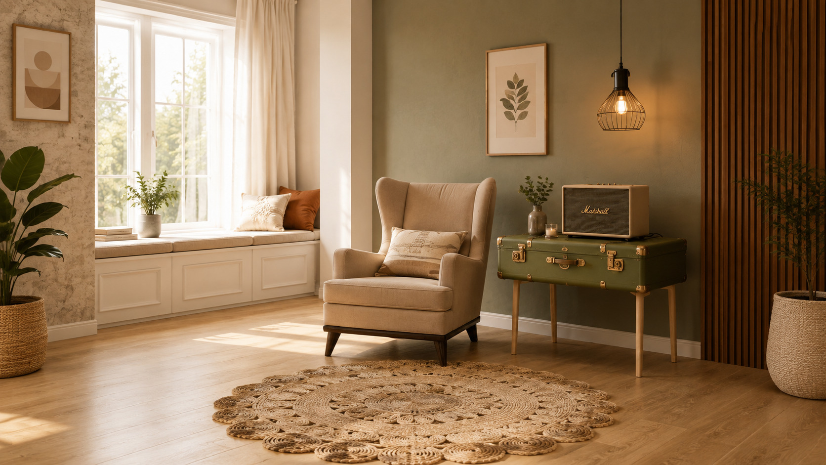 Create a warm and inviting atmosphere with neutral colors, muted pastel accents, natural textures, and minimalist Scandinavian-style decor.