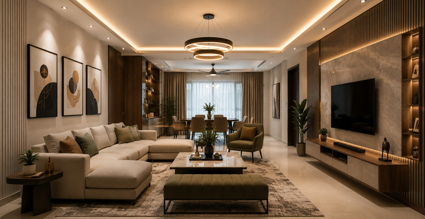 Contemporary false ceiling featuring profile LED lights for elegant and ambient home interiors.