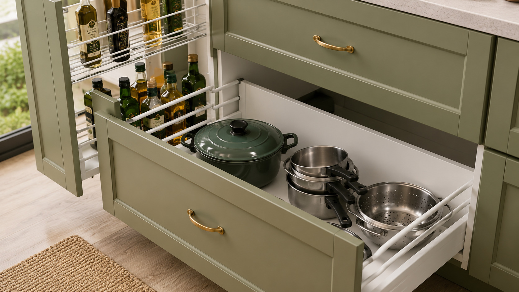 This image showcases smart modular kitchen storage solutions, including pull-out pantry units and spacious drawers that maximize organization and improve accessibility.