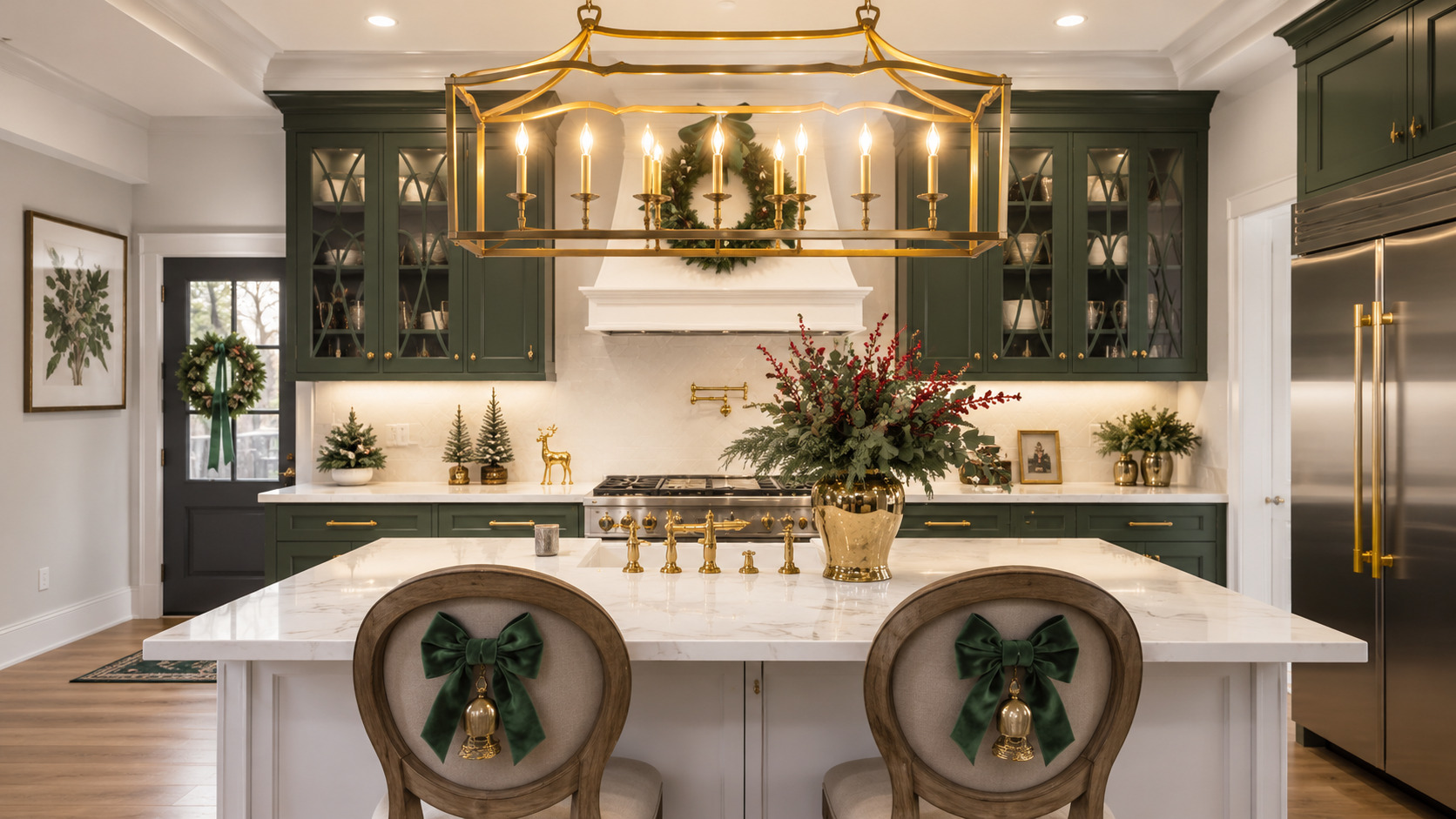 A bright and elegant Christmas kitchen featuring festive garlands, red floral arrangements, holiday wreaths, and classic gold accents that create a warm seasonal atmosphere.