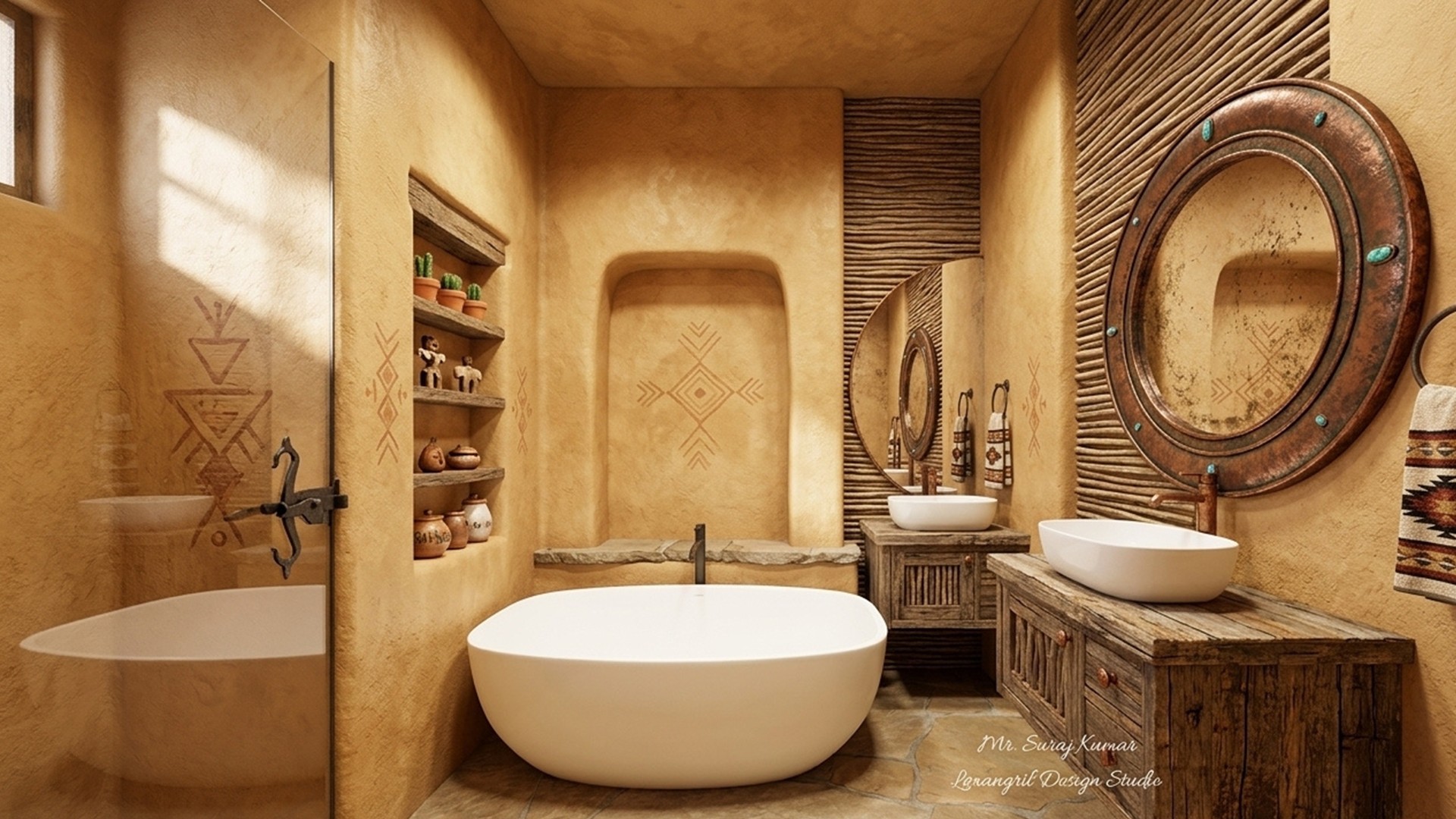 A southwestern style bathroom layout showcasing a modern western bathroom ideas with warm sand-textured walls, a contemporary freestanding oval bathtub, exposed wooden wall slats behind a round mirror, and a floating vanity.
