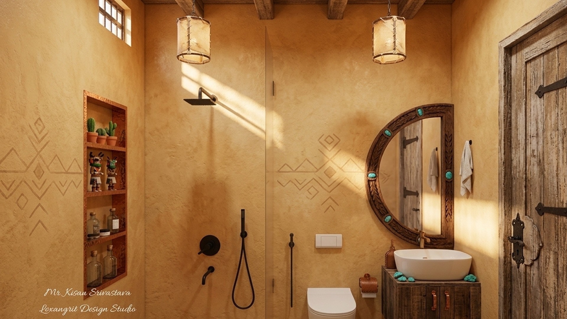 A southwestern style bathroom layout showcasing modern farmhouse bathroom decor with textured terracotta stucco walls, a rugged floating wood vanity, a rustic arched frame mirror, and built-in stone display niches.