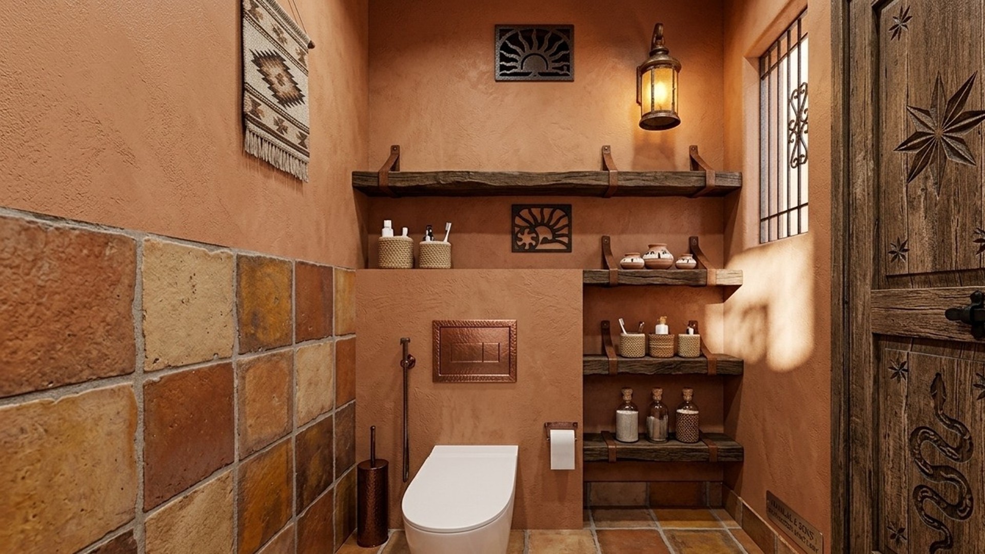 A re-imagined Southwestern style bathroom featuring textured terracotta stucco walls, a custom geometric-carved wooden door, a floating rustic wood vanity with a hammered copper sink, and decorative Talavera tile backsplashes.