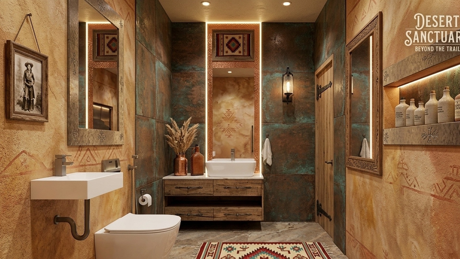 A southwestern style bathroom featuring warm earth-toned terracotta wall tiles, a vintage farmhouse vanity sink, a custom wrought-iron mirror, and natural wood accents highlighting modern western bathroom ideas.