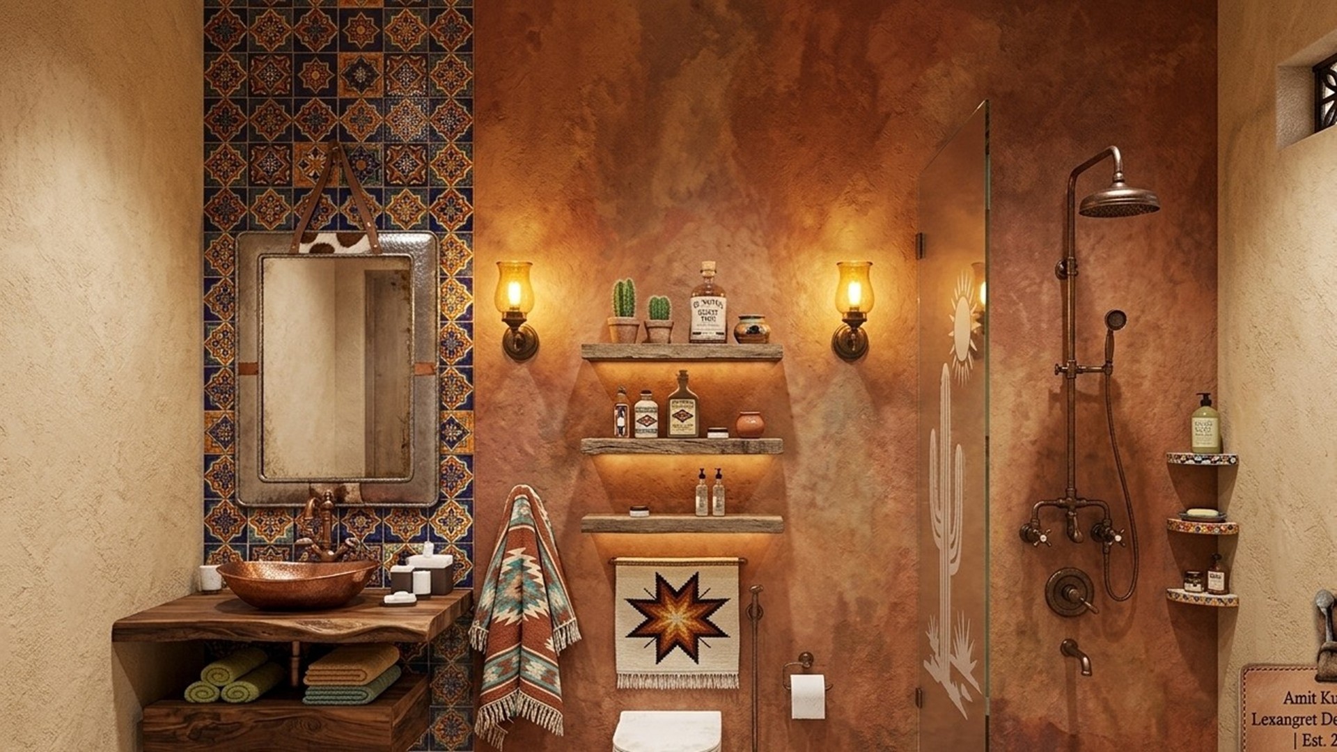 A beautiful modern Southwestern style bathroom featuring horizontal natural stone slat tiles, an asymmetrical live-edge wood floating vanity, a round wrought-iron mirror, and warm lighting.